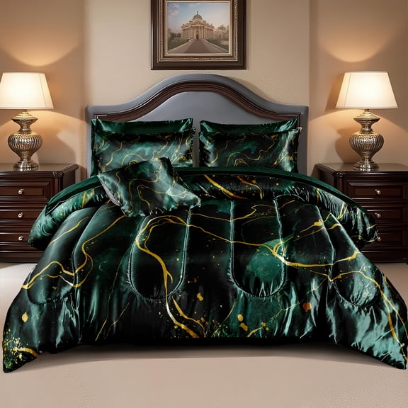 Green Marble Comforter Sets Silky Satin Bedding Emerald Green Gold Marble Stone Texture Silk Like Abstract Bed in A Bag with Comforter and Sheet Set