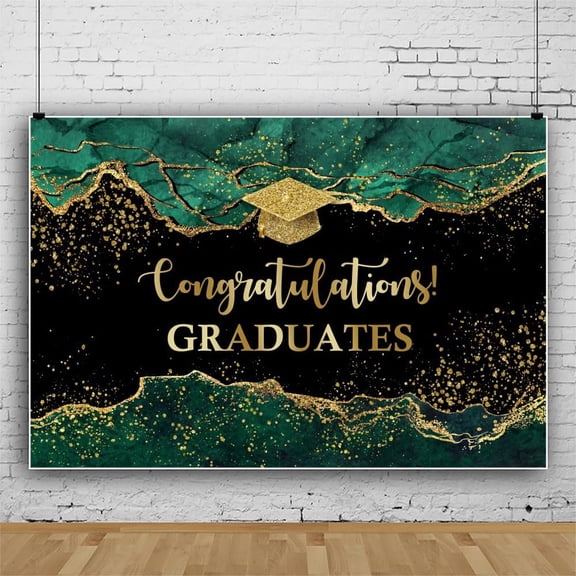 Green Marble Congrats Grad Backdrop Class of 2026 Graduation Background Black Gold Congratulate Graduate Party Decorations Banner Photo Booth Props