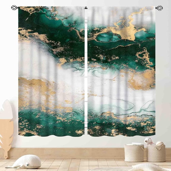 Green Marble Curtains, Abstract Emerald Green Golden Glitter Foil Printed Aesthetic Unique Modern Luxury Window Treatments Drapery for Bedroom Living Room Kitchen 2 Panels, 84"x63" Inch