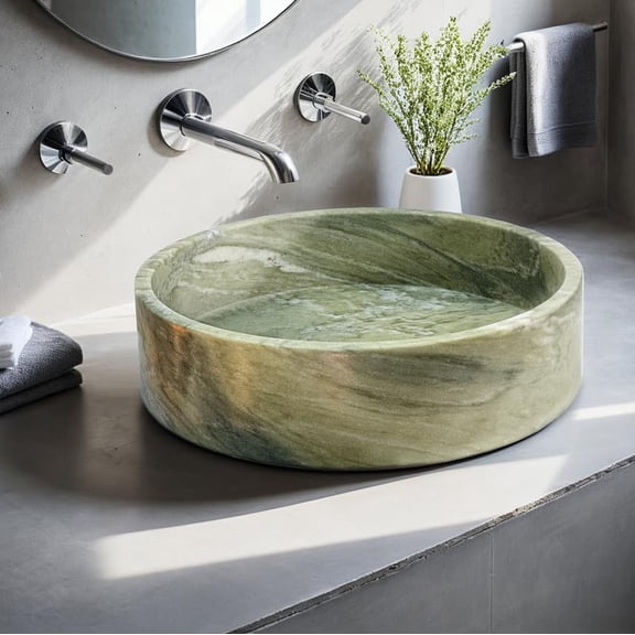 Green Marble Cylindrical Vessel Sink – 16.14 x 16.14 Inch Handcrafted Verde Laguna Marble Bathroom Sink with Polished Finish for Modern and Rustic Vanities