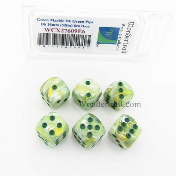 Green Marble Dice with Dark Green Pips 16mm (5/8in) D6 Set of 6 Wondertrail