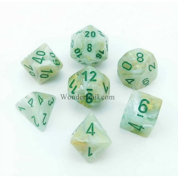 Green Marble Dice with Green Numbers 16mm (5/8in) Set of 7 Chessex