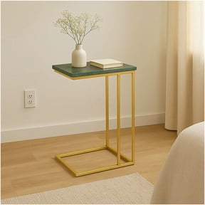 Green Marble End Table with Golden C-Shaped Frame, Modern Accent Table for Living Room, Sofa Side Table