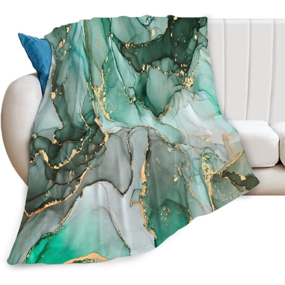 Green Marble Flannel Fleece Blanket,Dark Emerald Green and Gold Marble Abstract Turquoise Ultra-Soft Microfiber Throw Blanket for Couch Bed Living Room Bedroom Sofa Decor 40x50in
