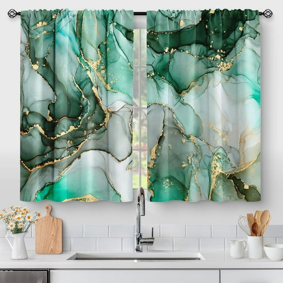 Green Marble Kitchen Curtains - Abstract Art Country Modern Short Cafe Tier Curtains Decor for Living Dining Room Bathroom Creative Texture Rod Pocket Window Drapes 2 Panels Set 28"x36"