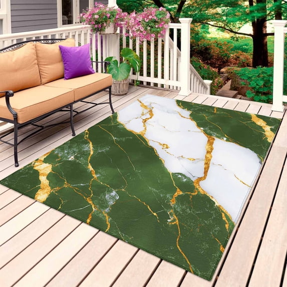 Green Marble Outdoor Rug for Patio/Deck/Porch, Non-Slip Large Area Rug 3 x 5 Ft, Luxury Gold White Abstract Cracks Artwork Indoor Outdoor Rugs Washable Area Rugs, Reversible Camping Rug Carpet Runner