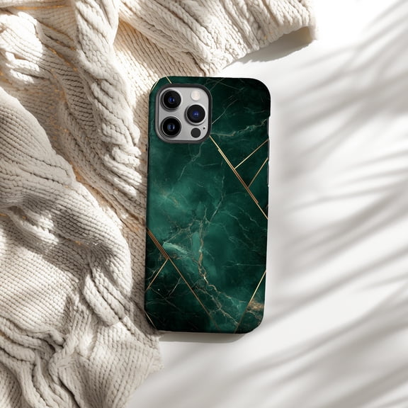 Green Marble Pattern Phone Case Fits iPhone Samsung Galaxy Hard Shell Abstract Gold Color Accent Stone Effect
