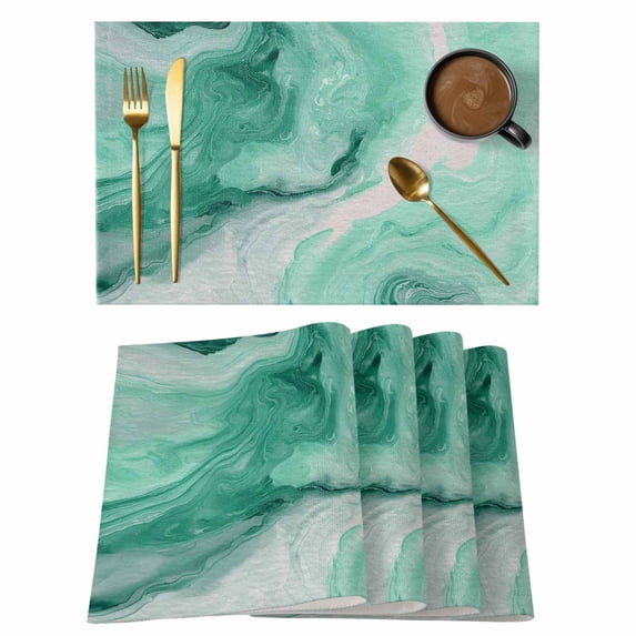 Green Marble Placemats Set of 6, Summer Ocean Wave Green Ombre Placemats for Dining Table, Place Mats for Kitchen Tabletop, Waterproof Wipeable Dining Table Mats Set