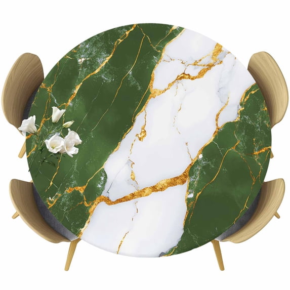 Green Marble Round Tablecloth, Fitted Table Cover with Elastic for 36"-44" Round Tables, Luxury Gold White Abstract Cracks Artwork Table Cloth Outdoor Indoor Dinning Party Waterproof Tablecloths