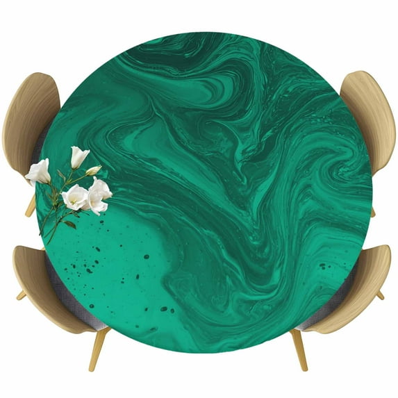 Green Marble Round Tablecloth, Fitted Table Cover with Elastic for 55"-60" Round Tables, Modern Farmhouse Gradient Abstract Fluid Art Table Cloth Outdoor Indoor Dinning Party Waterproof Tablecloths