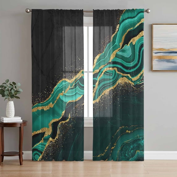 Green Marble Sheer Curtains 63 Inch Length 2 Panels Set, Gold Abstract Vintage Modern Ombre Art Voile Window Treatment Rod Pocket Curtains Sheers Drapes for Bedroom/Living Room/Kitchen 52x"63"x2