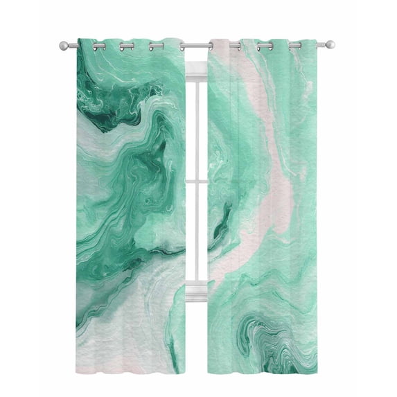 Green Marble Sheer Curtains 84 Inch Length 2 Panels Set for Living Room/Bedroom, Summer Ocean Wave Green Ombre Kitchen Curtains Grommet Semi-Sheer Curtains Drapes Voile Window Treatments 42"x84"x2