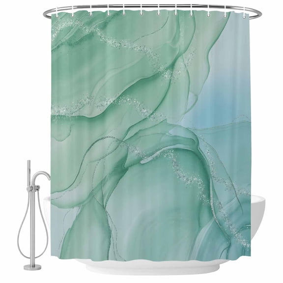 Green Marble Shower Curtain, 36" x 72", Teal Aqua Marble Abstract Art Water Ripple Waterproof Bathroom Curtain Washable Shower Curtain Set with 12 Hooks