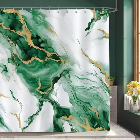 Green Marble Shower Curtain Gold Emerald Ombre Texture Abstract Modern Luxury Decorative Bath Curtain 72 x 72 Inch Polyester Fabric Waterproof Bathroom Curtain with 12 Hooks