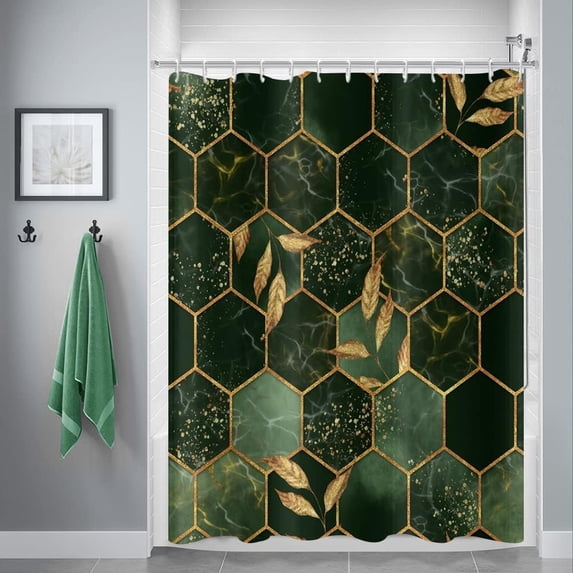 Green Marble Shower Curtain, Grid Honeycomb Irregular Plaid Geometric with Gold Leaf Bathroom Curtain for Modern Bathtub Decor Waterproof Fabric Machine Washable with 12 Hooks,36"x72"