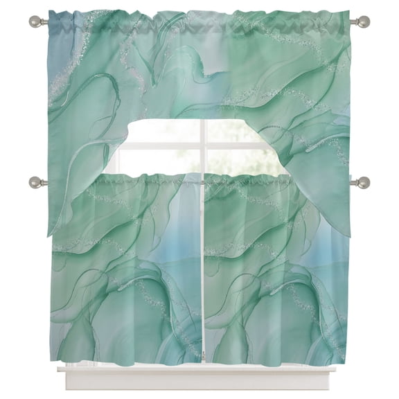 Green Marble Swag Valance and Tier Set of 3, Teal Aqua Marble Abstract Art Water Ripple Swag Curtains Valances for Small Window Treatment Rod Pocket for Kitchen Bathroom 56x36in+27.5x36*2