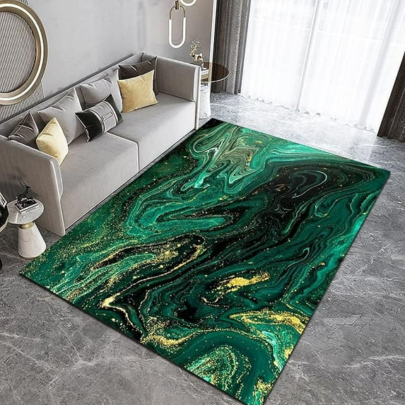 Green Marble Swirl Area Rug, Luxurious Gilt Geometric Texture Living Room Rugs, With Anti-Slip Backing Washable Indoor Carpet For Bedroom Dining Room Nursery Home Office 5 x 7ft