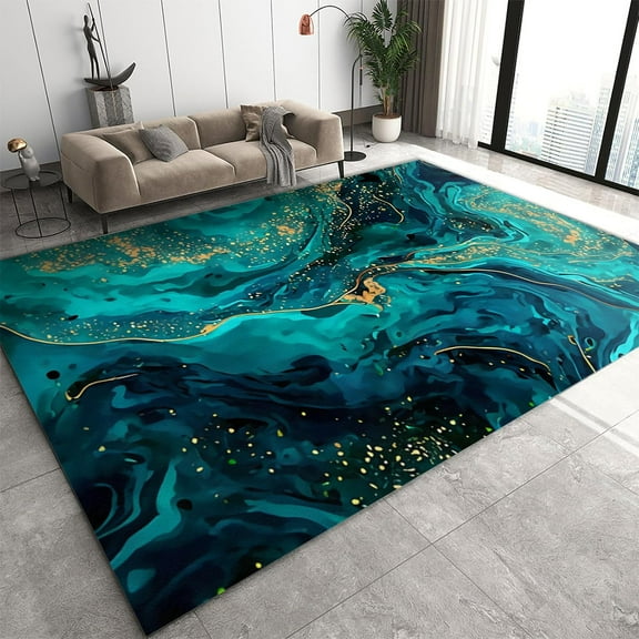 Green Marble Swirl Area Rug, Luxury Golden Fluid Texture Art Large Carpet, With Non-Slip Backing Indoor Rugs For Living Room Bedroom Dining Room Office 3x4ft