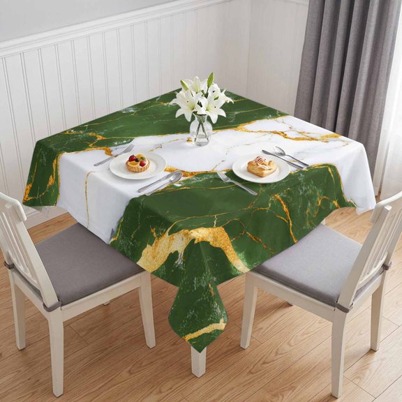 Green Marble Table Cloth Waterproof Tablecloths, Luxury Gold White Abstract Cracks Artwork Tablecloth Dining Table Cover for Kitchen Party Tabletop Outdoor, Square Tablecloth 54x54 Inch
