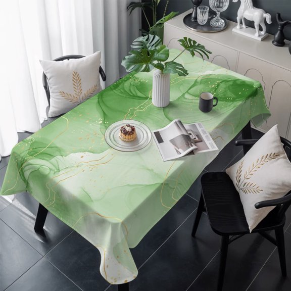 Green Marble Table Cloth Waterproof Tablecloths, Modern Abstract Art Yellow Lines Ink Painting Tablecloth Dining Table Cover for Kitchen Party Tabletop Outdoor, Rectangle Tablecloth 60x120 Inch