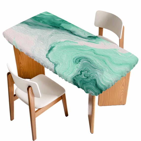 Green Marble Table Cloths for 6 Foot Rectangle Tables, Summer Ocean Wave Green Ombre Patio Waterproof Elastic Fitted Tablecloths, Washable Rectangular Table Cover for Camping