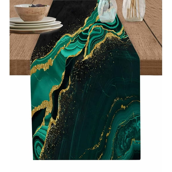Green Marble Table Runner 48 Inches, Gold Abstract Vintage Modern Ombre Art Bed Runner Dresser Scarves Tabletop for Indoor Outdoor Parties/Ceremony/Banquet, 13" x 48"