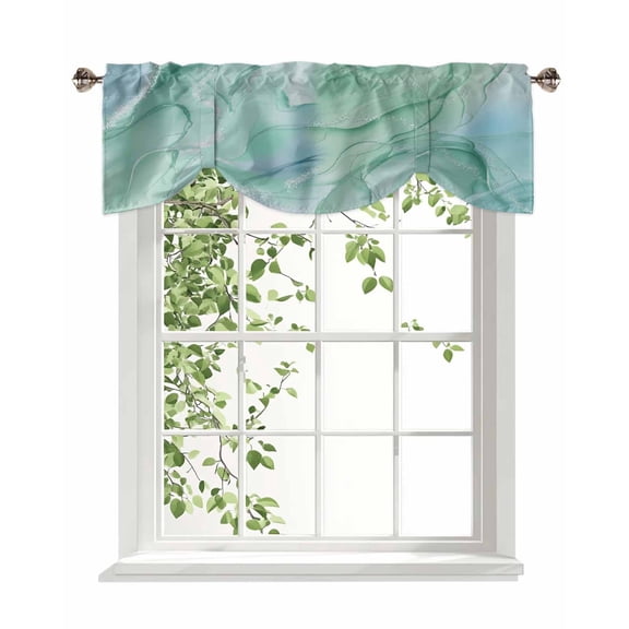 Green Marble Tie Up Valances Curtain, Teal Aqua Marble Abstract Art Water Ripple Kitchen Valances for Windows Decor, Rod Pocket Short Curtains Set for Bedroom/Bathroom, 42"x18"