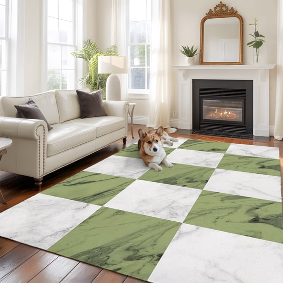 Green Marble Tiles Rectangle Area Rug 5x8ft Abstract White Checkered ...