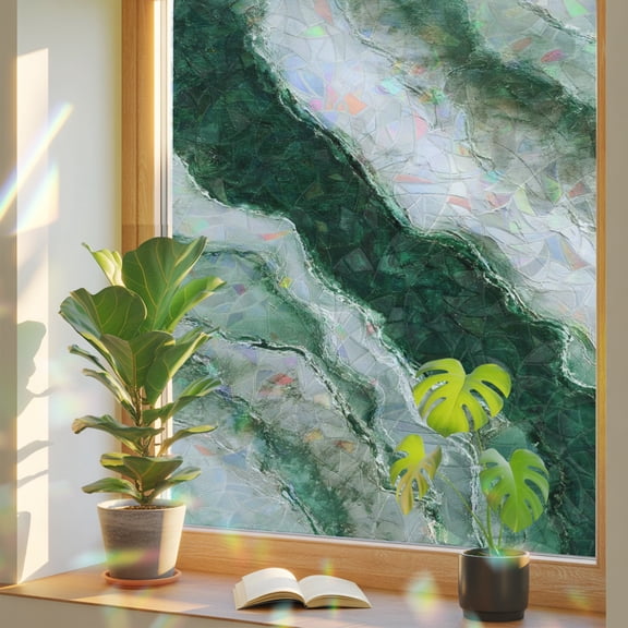 Green Marble Window Privacy Film, Abstract Stone Modern Luxury Stained Glass Rainbow Film Decorative Window Clings, Static Cling Sun Blocking Stickers 17.7" x 39.3"