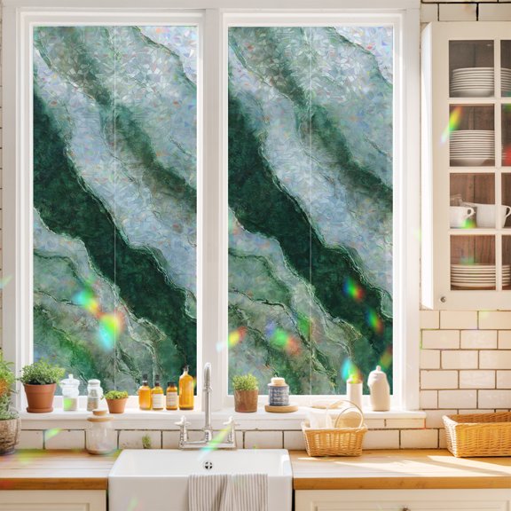 Green Marble Window Privacy Film Abstract Stone Modern Luxury Static Cling Stained Glass Window Film Non-Adhesive Decorative Decals Rainbow Sticker 17.7"X39.3"
