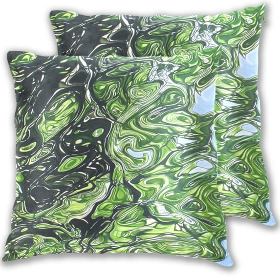 Green Marbled Pattern 20x20in 2-Piece Cotton Fleece Throw Pillow Covers, Shrink Resistant, Hidden Zip