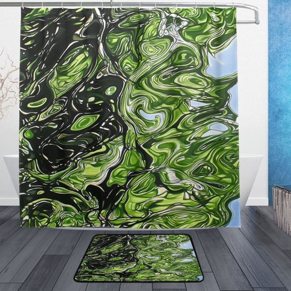 Green Marbled Pattern Bathroom Accessory Sets Waterproof Shower Curtain with Anti-Slip Bath Mat Durable Combo