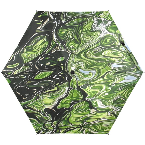 Green Marbled Pattern Umbrellas for Sun Auto Open Close UV50+ Waterproof 5-Fold Compact Fiberglass Frame