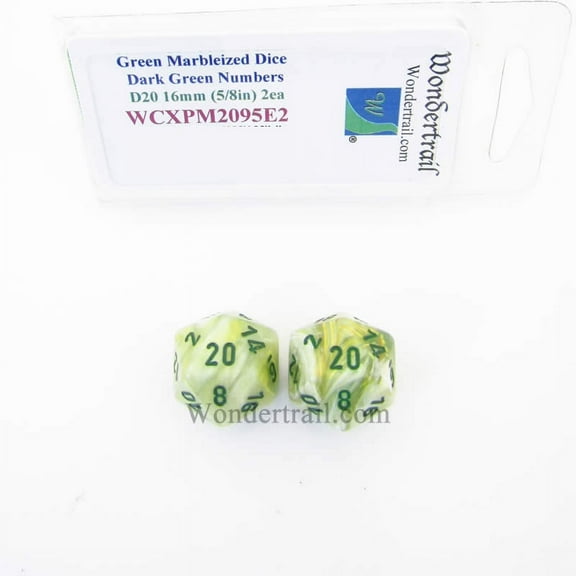 Green Marbleized Dice with Dark Green Numbers D20 16mm (5/8in) Pack of 2 Wondertrail