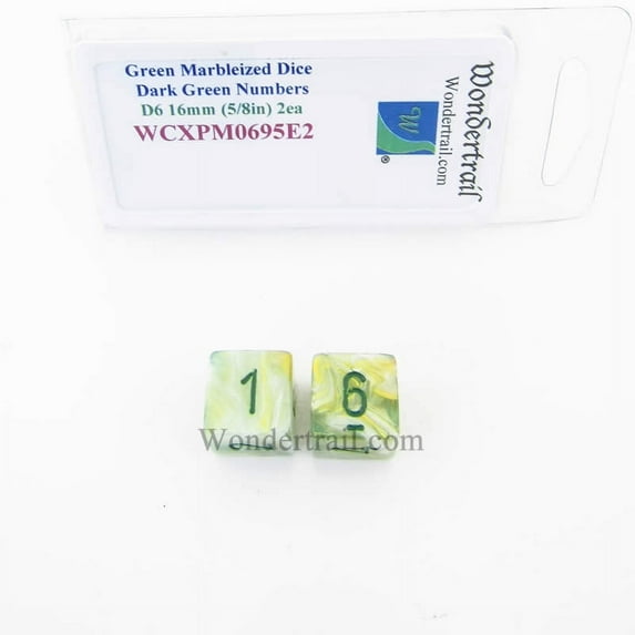 Green Marbleized Dice with Dark Green Numbers D6 16mm (5/8in) Pack of 2 Wondertrail