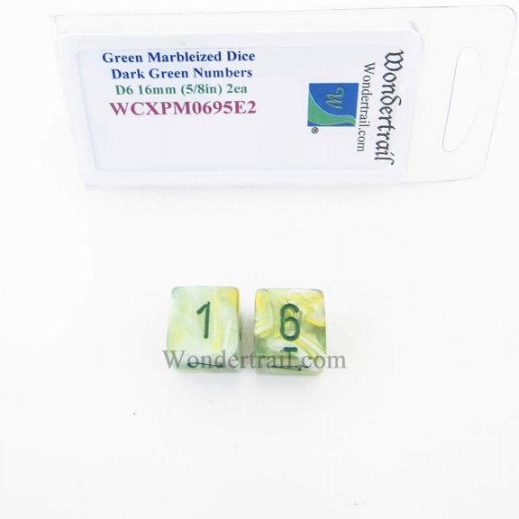 Green Marbleized Dice with Dark Green Numbers D6 16mm (5/8in) Pack of 2 Wondertrail