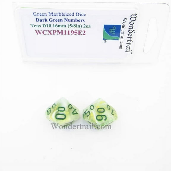 Green Marbleized Dice with Dark Green Numbers Tens D10 16mm (5/8in) Pack of 2 Wondertrail