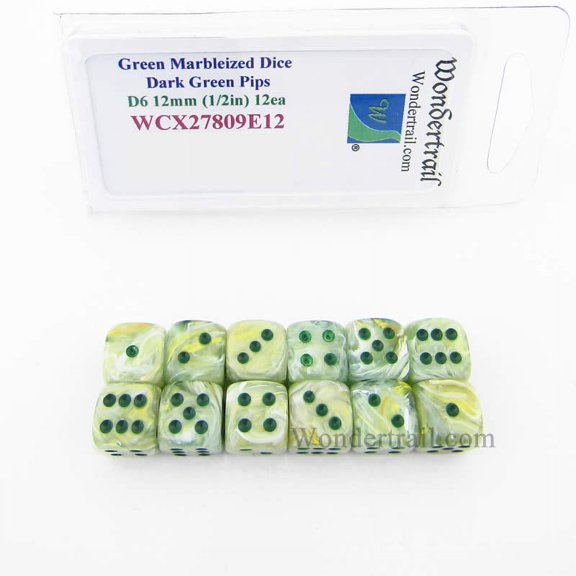Green Marbleized Dice with Dark Green Pips 12mm (1/2in) D6 Set of 12 Wondertrail