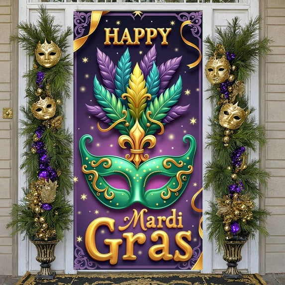 Green Mask Mardi Gras Banner Colorful Feathers Carnival Display Gold Accents Purple Background Masquerade Backdrop for Mardi Gras Party Carnival Celebration Masquerade Ball