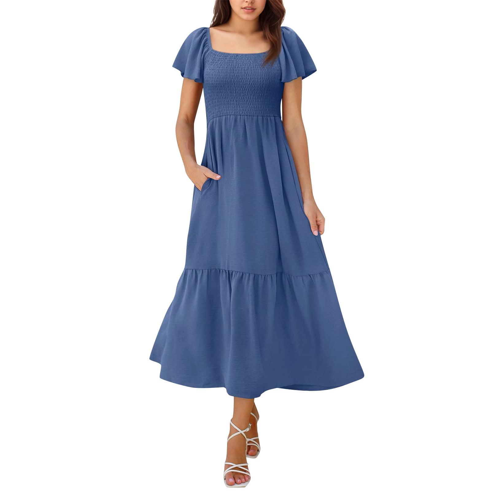 Green Maternity Dress, Casual Square Neck Bell Sleeve Pleated Maxi Dress  With Pockets Loose Fit Beach Wedding Guest Cocktail Party Vacation Sundress  Casual Tops Dresses Cocktail (XL, Blue) ZMTing - Walmart.com
