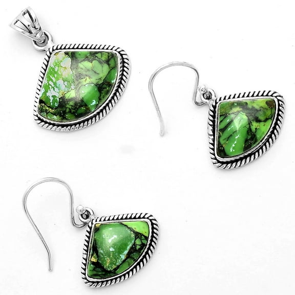 Green Matrix Turquoise 925 Sterling Silver Pendant Earrings Jewelry Set DGT01002 T-1005