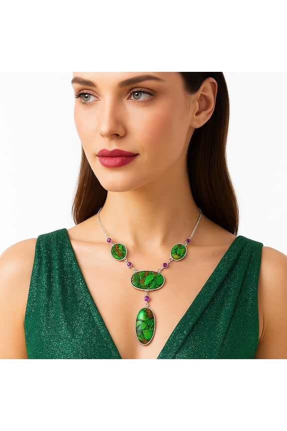 Green Matrix Turquoise & Amethyst 925 Sterling Silver Necklace Jewelry N-1023 SDN2006