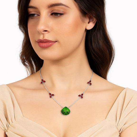 Green Matrix Turquoise & Garnet 925 Sterling Silver Necklace Jewelry N-1004 SDN1553