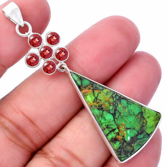 Green Matrix Turquoise & Garnet 925 Sterling Silver Pendant Jewelry P-1122 SDP145762