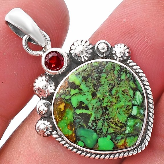Green Matrix Turquoise & Garnet 925 Sterling Silver Pendant Jewelry P-1482 SDP144405