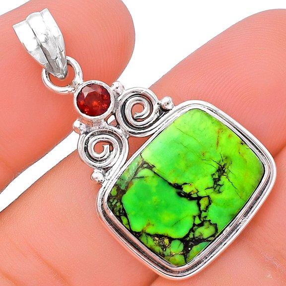 Green Matrix Turquoise & Garnet 925 Sterling Silver Pendant Jewelry P-1603 SDP144877