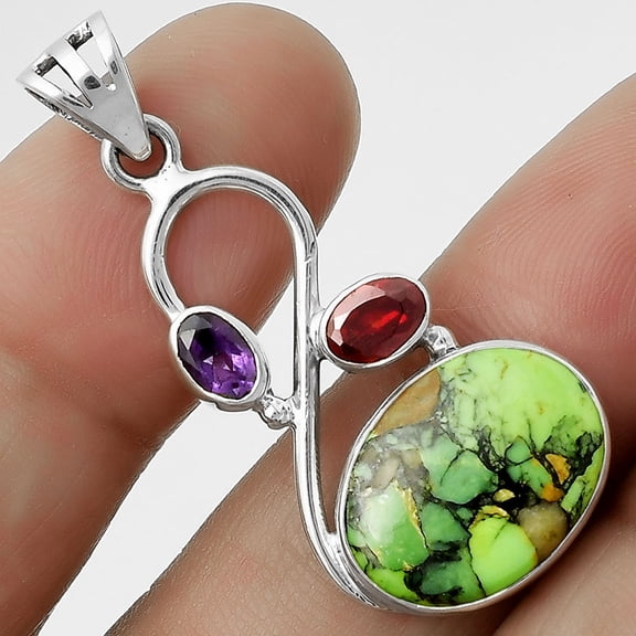 Green Matrix Turquoise, Garnet & Amethyst 925 Silver Pendant Jewelry P-1027 SDP115516