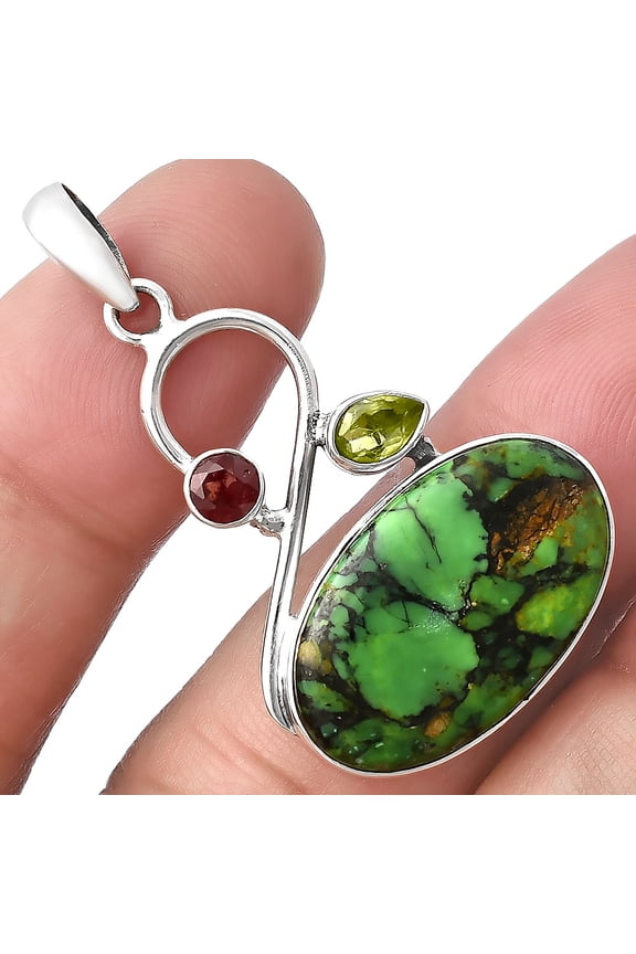 Green Matrix Turquoise, Peridot & Garnet 925 Silver Pendant Jewelry P-1027 SDP141155