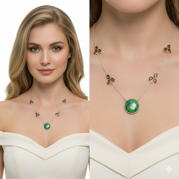 Green Matrix Turquoise & Smoky Quartz 925 Sterling Silver Necklace Jewelry SDN1382