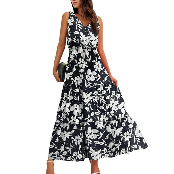 Green Maxi Dress For Women, Wedding Guest Dresses Easter Casual Floral V Neck Sleeveless Flowy Long Dress Womens Jumpsuits Summer Dresses Plus Size Dresses Maxi Dresses Casual (XL, Black) ZMTing